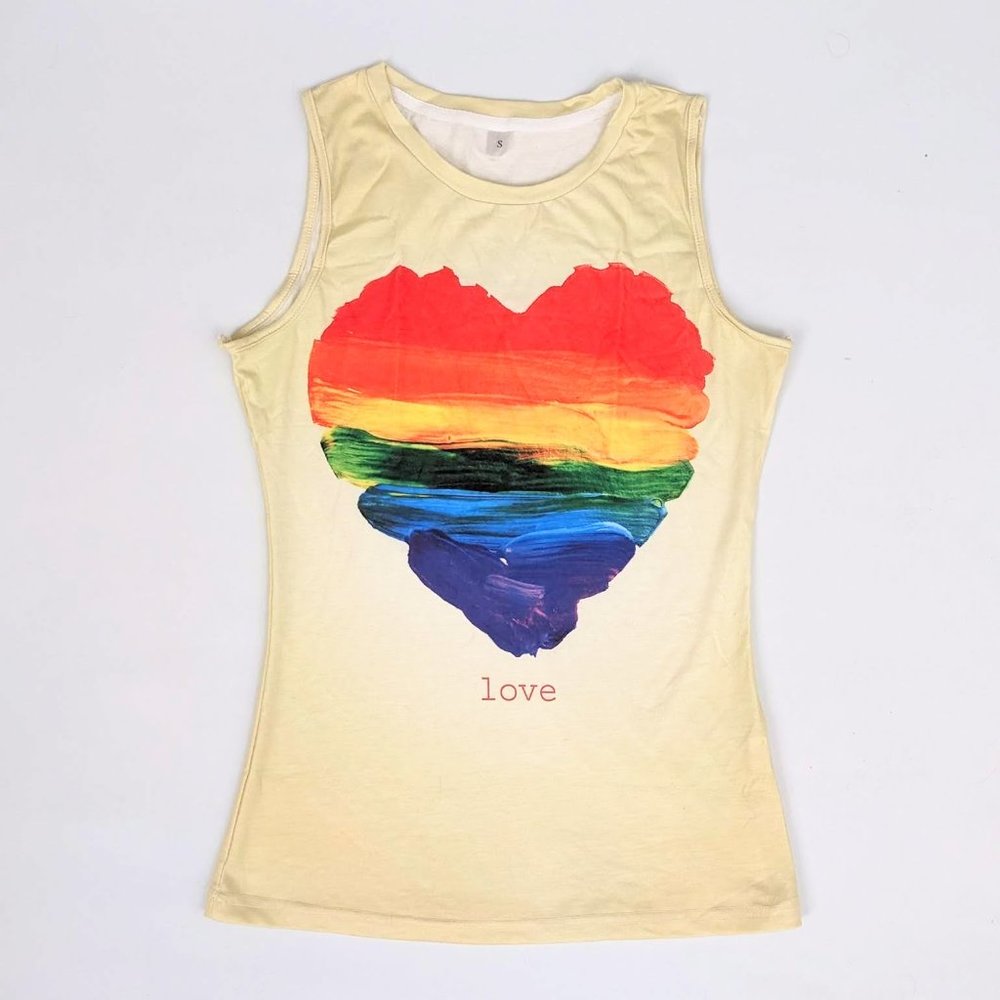 Pale Yellow Tank Top with Rainbow Heart, Love, Small